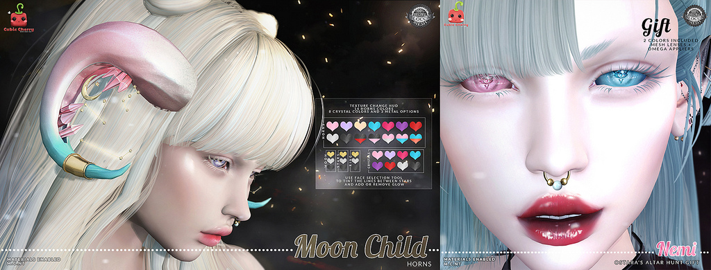 {Moon Child} horns  [Cubic Cherry] +  {Nemi} eyes blue and pink hunt gift